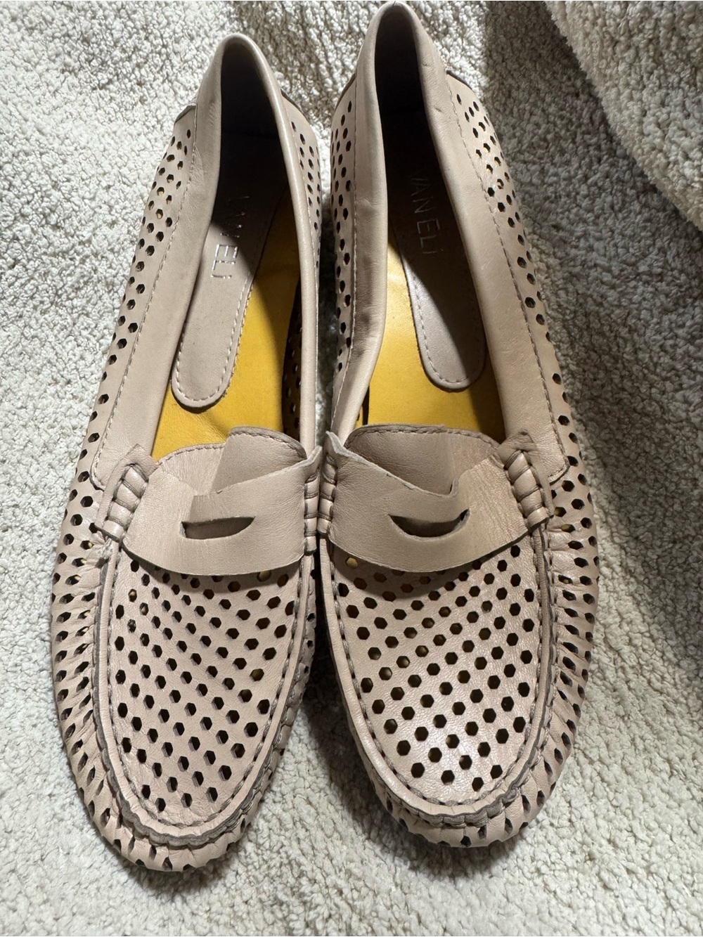 Vaneli Perforated Leather Penny Loafers in Taupe